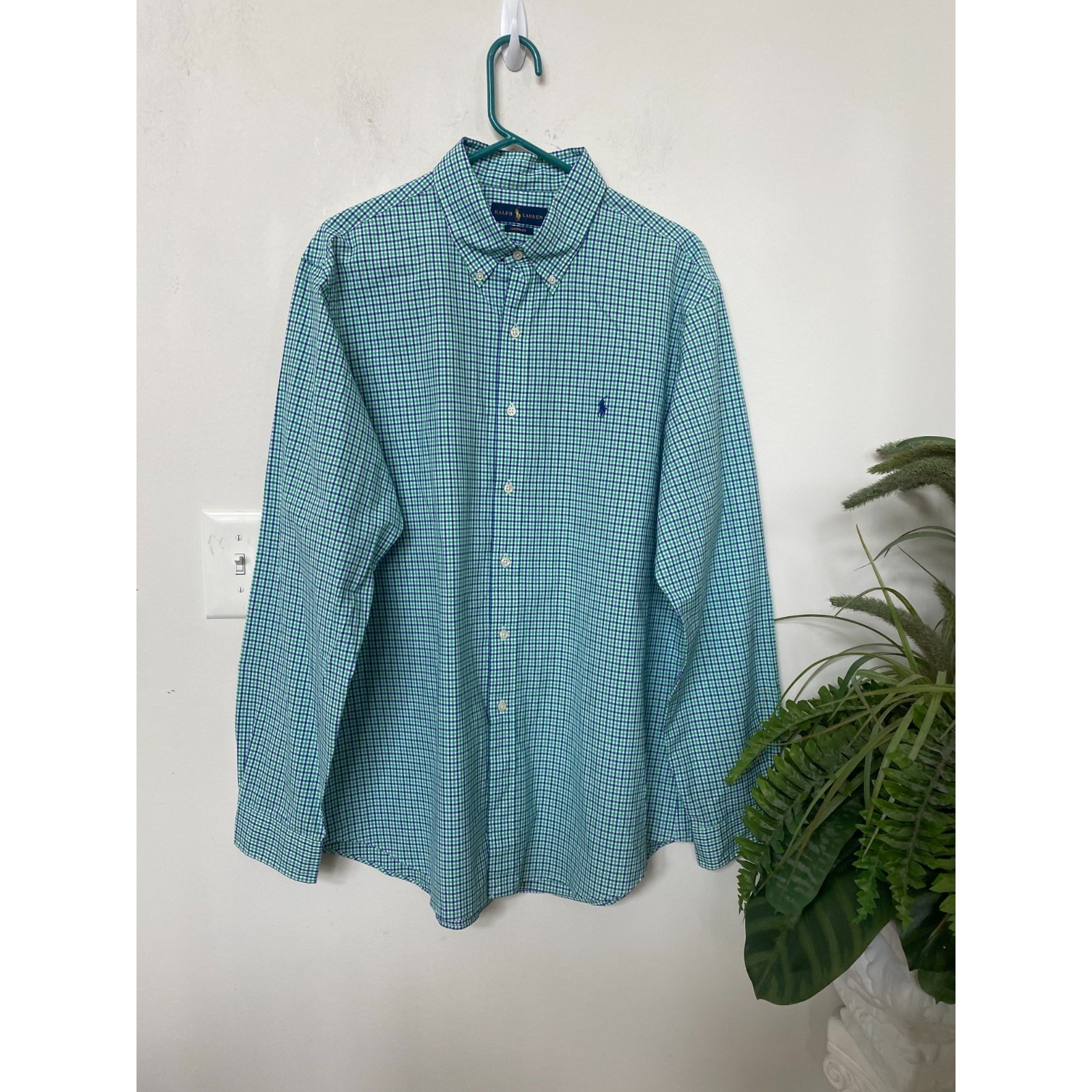 Ralph Lauren Men's Green Check Button Down Oxford Shirt Size Xl Euc $140
